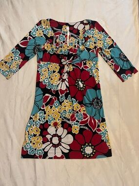 Uncle Frank Bold Floral vneck  Dress in Red, Teal, Yellow & White